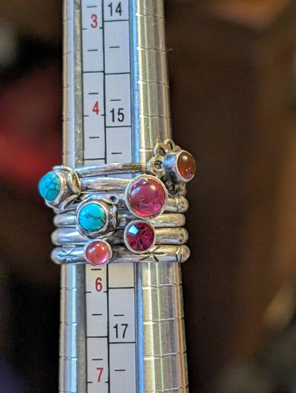 Stackable Silver Rings Set (6)with Turquoise and Red Stones - Picture 8 of 15